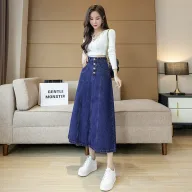 Vintage High Waist A Line Denim Skirt for Women Casual Mid Length Design Spring Summer Collection