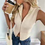 Womens Sleeveless High Neck Knit Vest Casual Simple Design Lightweight Fabric Available in Apricot Wholesale Supply