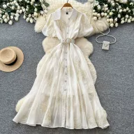 Pink Lantern Sleeve Mesh Dress for Women with Sequin Waist A Line Elegant Long Dress for Summer Casual Wear Wholesale