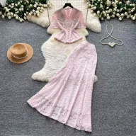 Lace Two Piece Set for Women V Neck Design Summer Fashion Available in Red and Apricot Wholesale Options