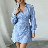 V Neck Striped Pleated Bodycon Dress for Women Elegant Summer Style Available in Blue Wholesale Sizes S to 3XL