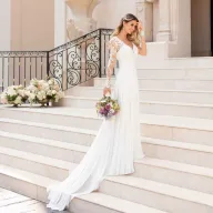 Elegant Off White Wedding Dress with Deep V Neckline and Backless Design for Evening Events Wholesale