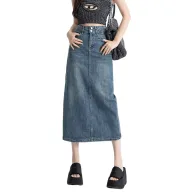 High Waist Split Denim Skirt for Women A Line Silhouette Mid Length Casual Spring and Autumn Wear