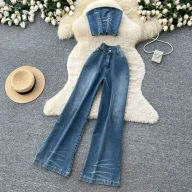 Vintage Denim Two Piece Set for Women Casual High Waist Wide Leg Pants and Sleeveless Top Summer Wear Wholesale