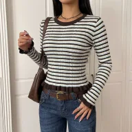 Womens Vintage Striped Sweater Short Length Flared Sleeve Round Neck Casual Wear