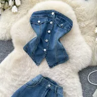 Womens Summer Casual Two Piece Denim Set Slim Fit High Waist Short Sleeve Available in Blue and Black Wholesale