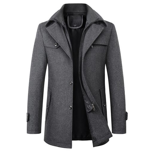 Mens Wool Blend Overcoat Thick Warm Long Length Removable Collar Winter Outerwear