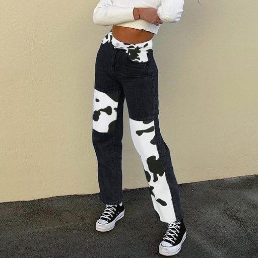 High Waist Color Block Cow Print Straight Leg Jeans for Women Casual Loose Fit Autumn Wear