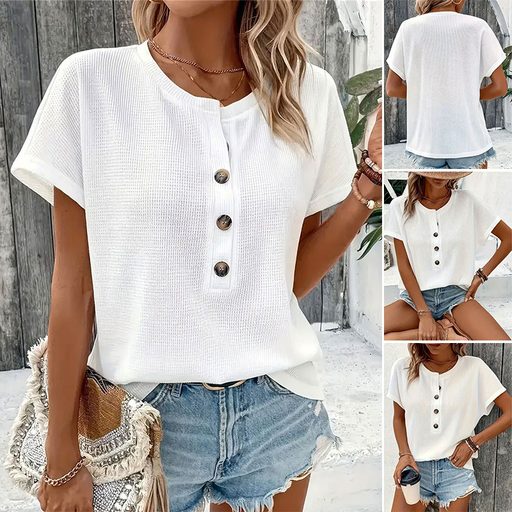 Summer Womens Fashion T Shirt Solid Color Button Detail Short Sleeve Casual Wear for Everyday Wholesale Availabl