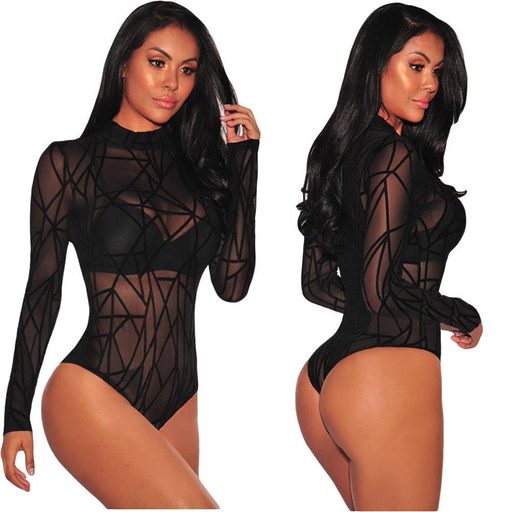 High Neck Long Sleeve Geometric Stretch Bodysuit for Women Casual Fit Spring Season