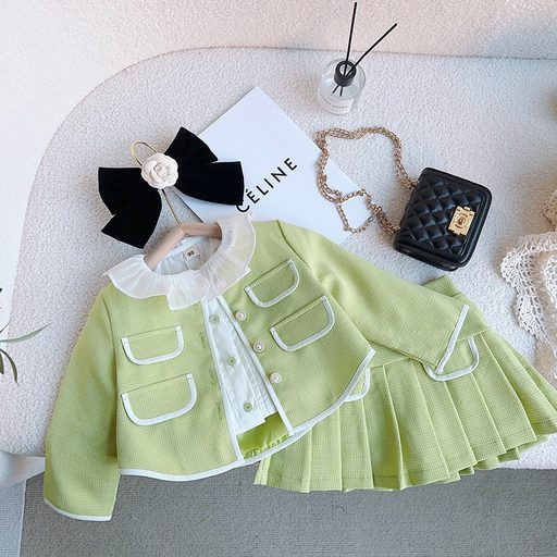 Girls Two Piece Set Korean Style Doll Collar Coat and Pleated Skirt Spring Autumn Fashion