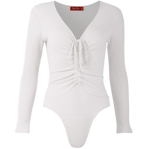 Deep V Neck Drawstring Triangle Jumpsuit Solid Color Knitted Stretch Fabric Slim Fit for Casual Wear