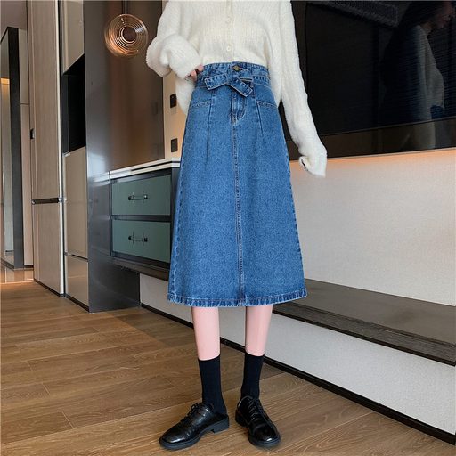 High Waist Denim Midi Skirt for Women Bodycon Fit A Line Design Versatile Casual Wear