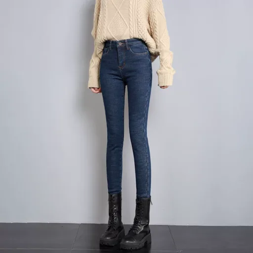 High Waisted Vintage Denim Pants Thickened Fleece Lined Slim Fit Autumn Winter Womens Fashion Wholesale Available