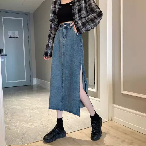 High Waisted A Line Denim Skirt Vintage Style Irregular Split Mid Length Spring Summer Fashion Wholesale Availab
