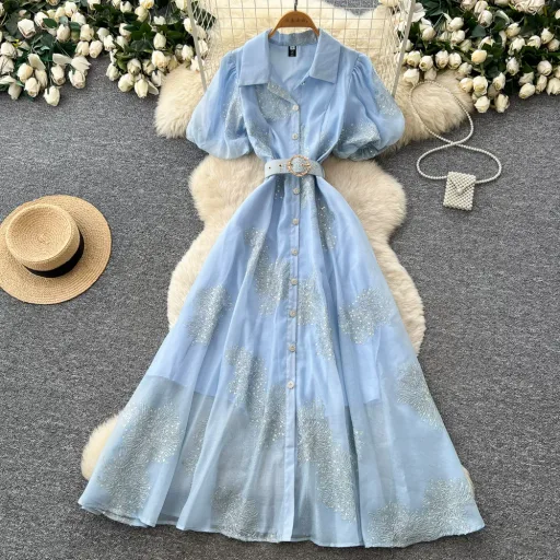Pink Lantern Sleeve Mesh Dress For Women With Sequin Waist A Line Elegant Long Dress For Summer Casual Wear Wholesale