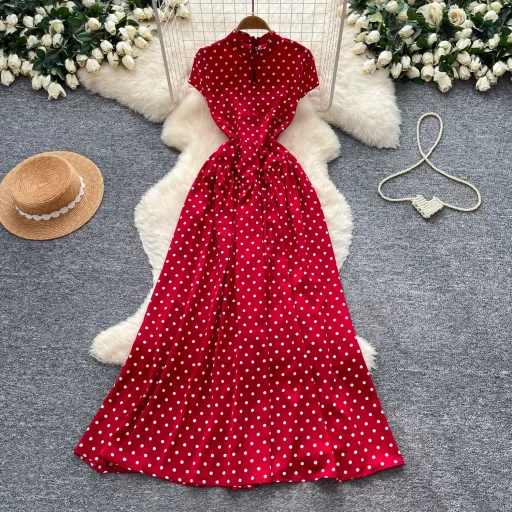 Retro Red Short Sleeve Polka Dot Dress For Women High Waist A Line Summer Casual Wear Wholesale Customizable