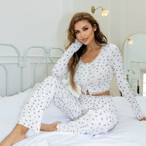Womens Casual Two Piece Set Long Sleeve Top and Floral Print Pants Comfortable Lace Trim