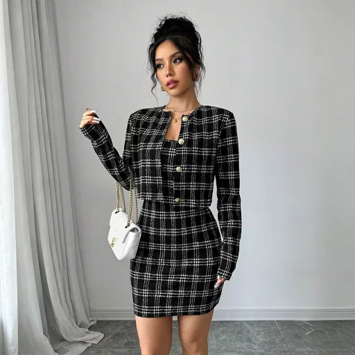 Black And White Plaid Two Piece Set Slim Fit Waist Design Chic Casual Style