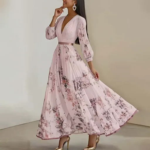Elegant V Neck Floral Print Waist Tie Dress For Women Summer Style Available In Multiple Colors And Sizes Wholesale