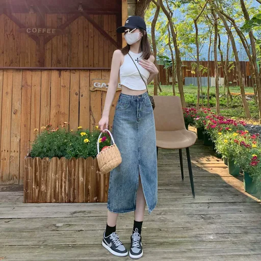Vintage High Waist Split Denim Skirt for Women Casual Mid Length Straight Fit Available in Blue Wholesale Sizes S to XXL