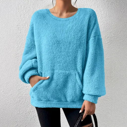 Casual Sweatshirt Solid Color Round Neck Long Sleeve Pocket Design Autumn Winter Fashion Wholesale Available