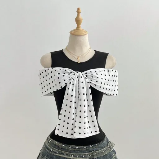 Summer Womens Fitted T Shirt Short Sleeve Bow Tie Detail Polka Dot Print Casual Wear Ready to Ship