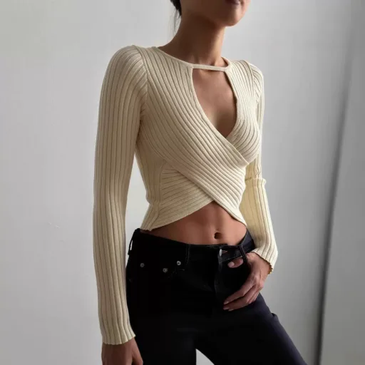 Womens Long Sleeve Cropped Top Hollow Out Design Ribbed Fabric Sexy Style Perfect for Fall Fashion Wholesale