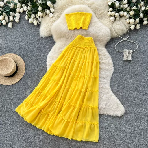 Yellow Pleated Two Piece Set For Women Layered Cake Skirt Casual Office Wear