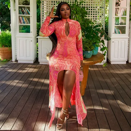 Deep V Neck Hollow Out High Slit Bodycon Dress Floral Print Spring Summer Beach Vacation Wholesale Available