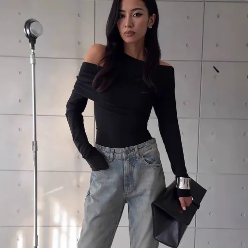 Slim Fit Long Sleeve Knit Top Solid Color Asymmetrical Neckline Versatile Style Spring Womens Fashion Wholesale