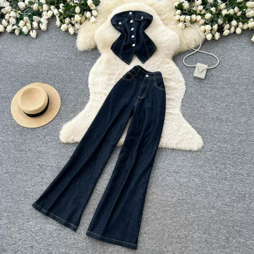 Womens Summer Casual Two Piece Denim Set Slim Fit High Waist Short Sleeve Available In Blue And Black Wholesale