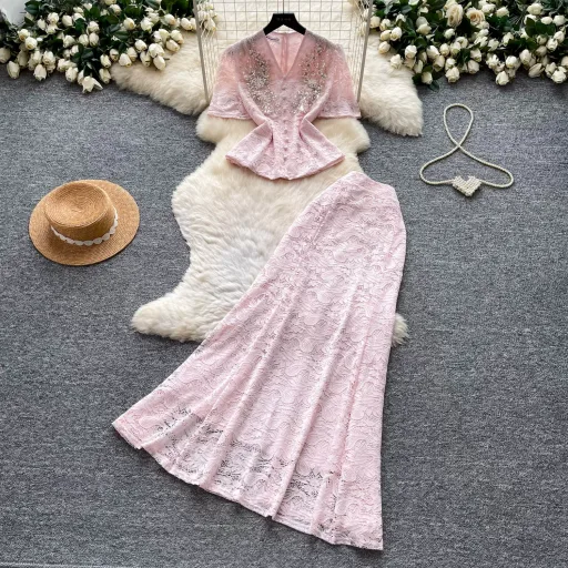 Lace Two Piece Set For Women V Neck Design Summer Fashion Available In Red And Apricot Wholesale Options