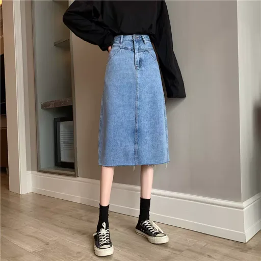 High Waist A Line Denim Skirt for Women Versatile Design with Frayed Hem Casual Summer Wear