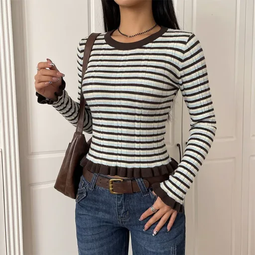 Womens Vintage Striped Sweater Short Length Flared Sleeve Round Neck Casual Wear