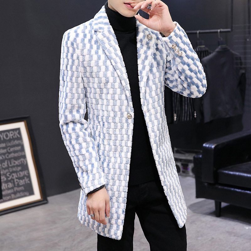 Mens Slim Fit Plaid Overcoat Faux Fur Fabric Stylish Winter Outerwear customizable