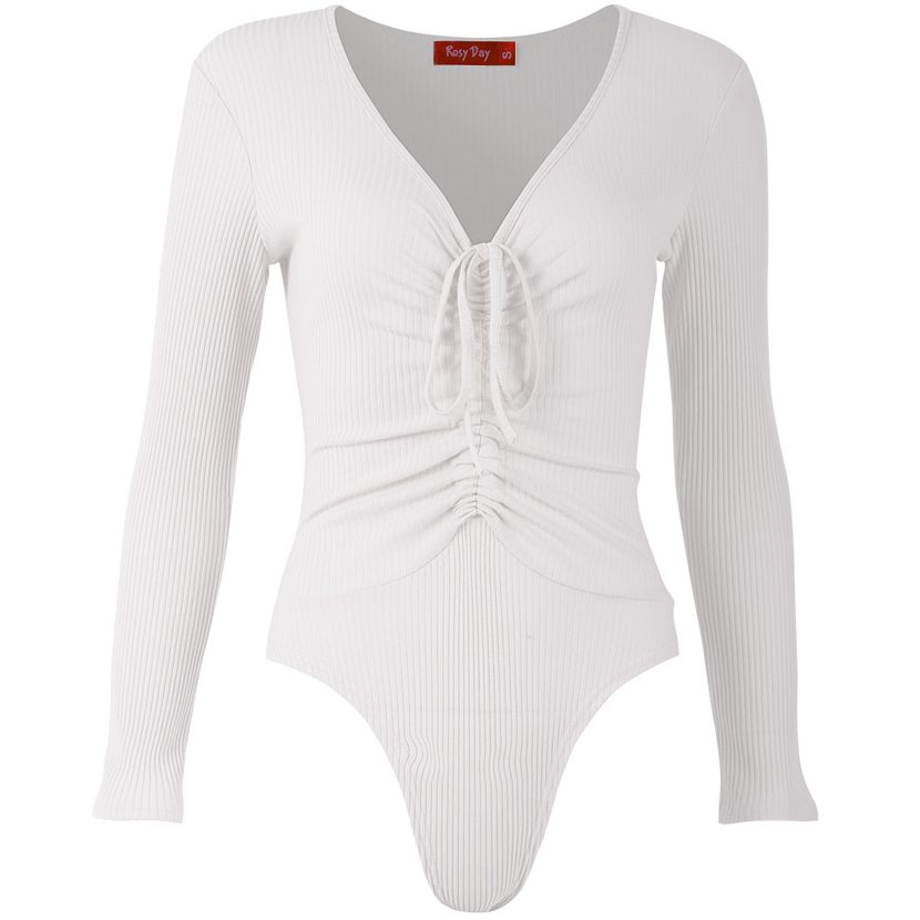 Deep V Neck Drawstring Triangle Jumpsuit Solid Color Knitted Stretch Fabric Slim Fit for Casual Wear