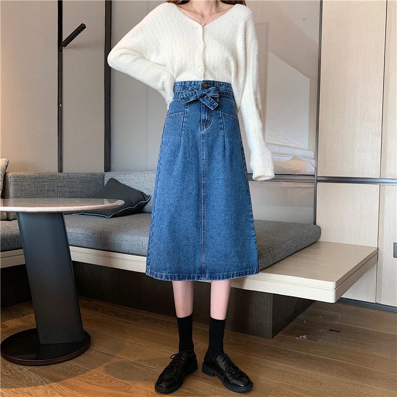 High Waist Denim Midi Skirt for Women Bodycon Fit A Line Design Versatile Casual Wear