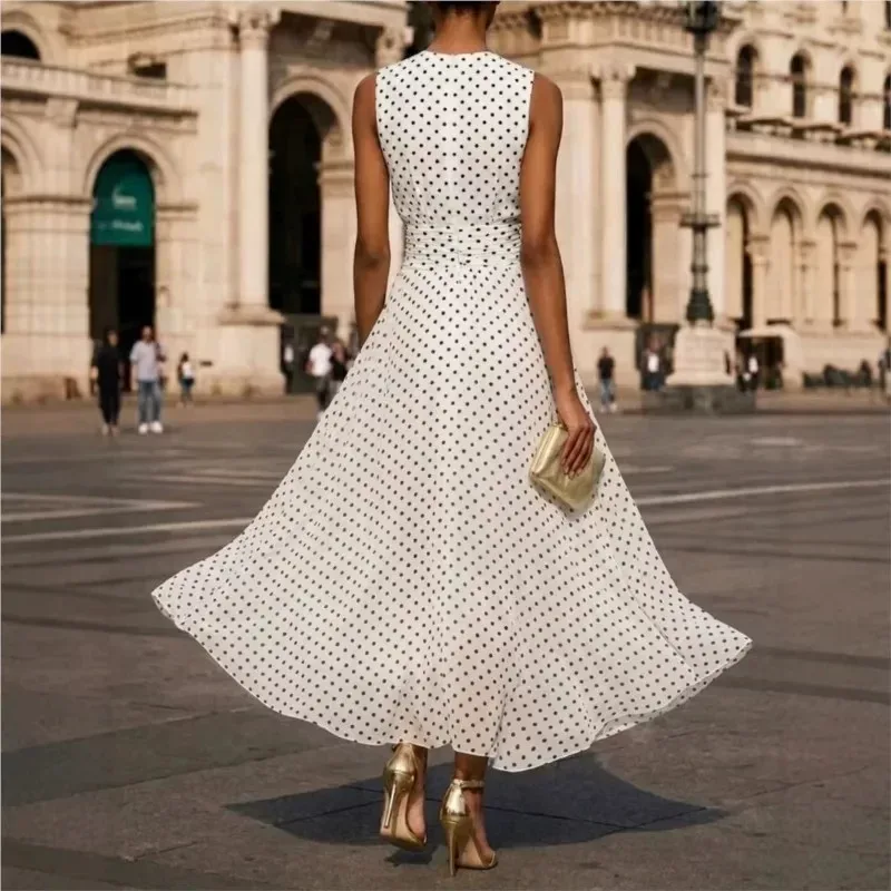 Womens Summer Dress Elegant Waist Tie Polka Dot Design Available in White and Black Wholesale Sizes S to 3XL