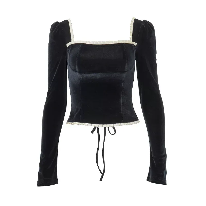 French Style Womens Dress Square Neck Backless Slim Fit Lace Trim Long Sleeve Elegant Evening Wear Wholesale