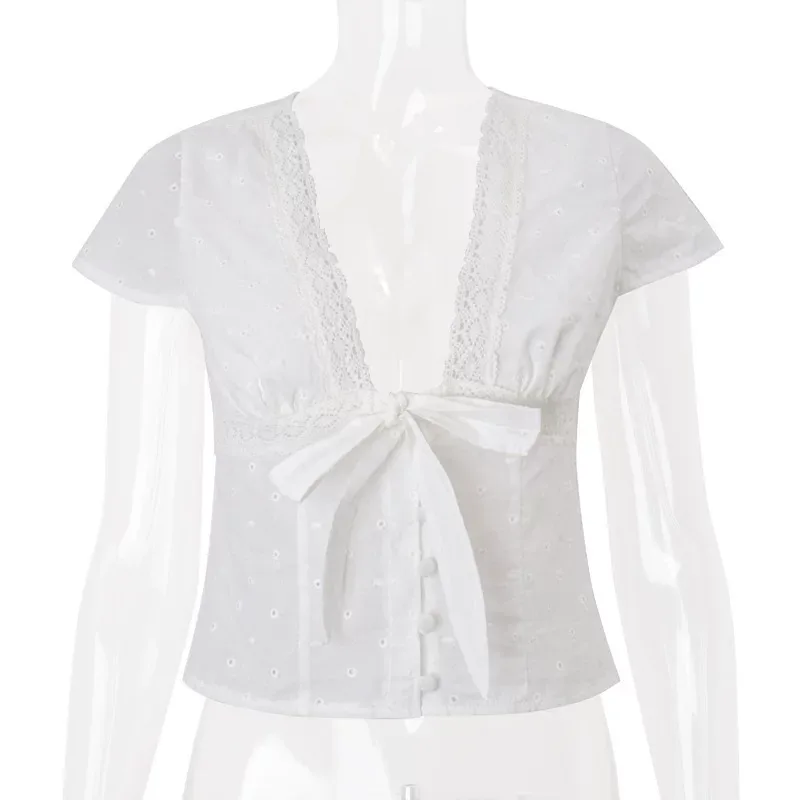 Womens Summer T Shirt Sexy V Neck Bow Tie Detail Short Sleeve French Style Casual Wear Wholesale Available