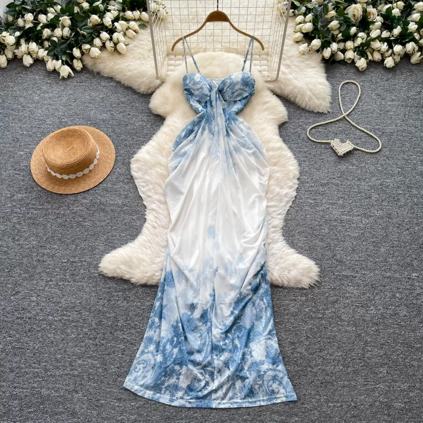 Floral Print Maxi Dress for Women Irregular Design Waist Cinching Summer Casual Wear Available in Blue and Multiple Sizes