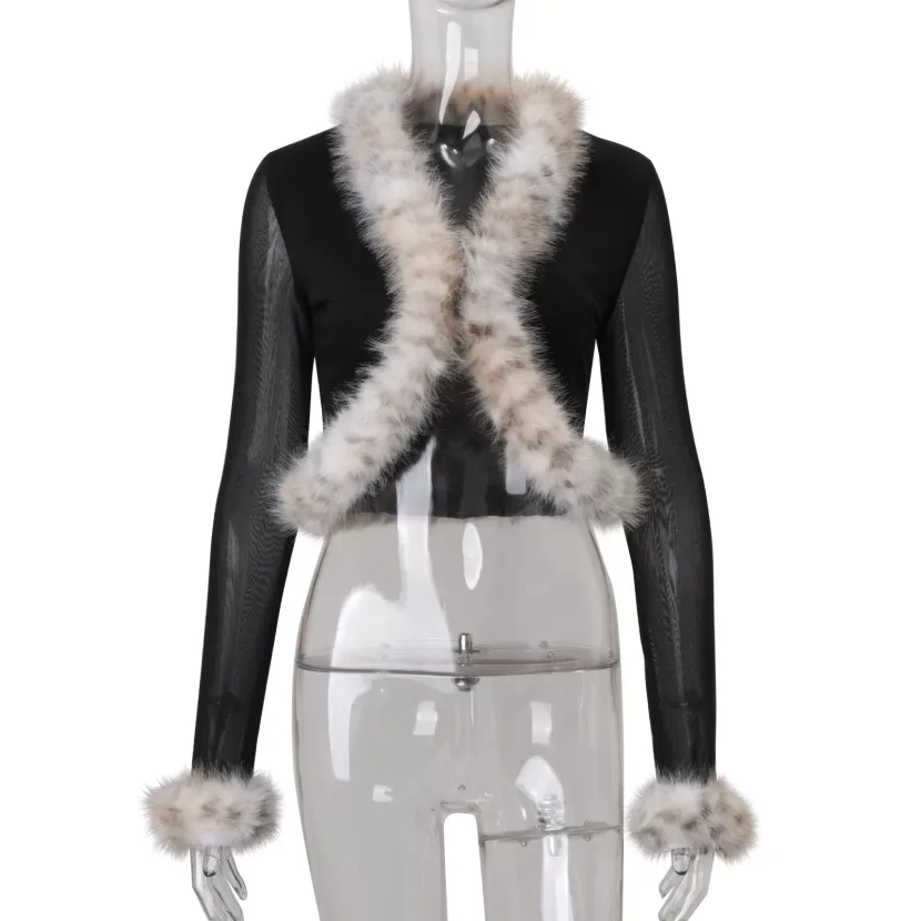 Womens Long Sleeve Cardigan Top with Sheer Mesh and Fur Collar in Print and Black for Fall Winte
