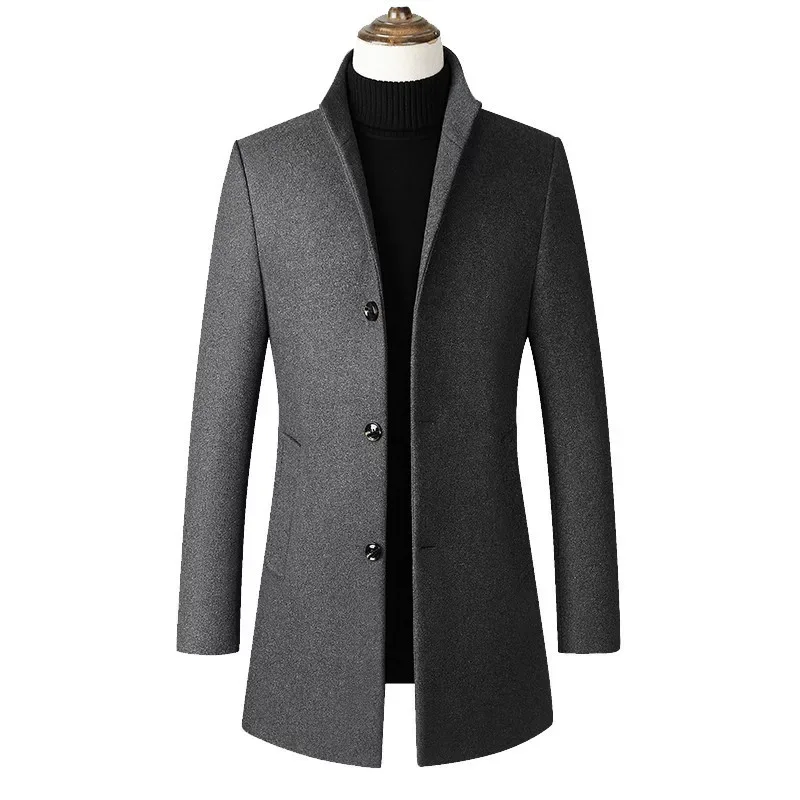 Mens Overcoat Stylish Long Wool Blend Coat Stand Collar Available in Gray Black Red Navy Wholesale Low MOQ
