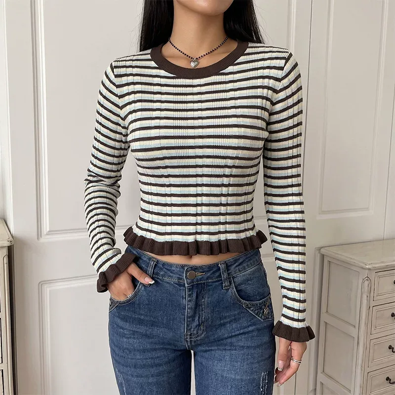 Womens Vintage Striped Sweater Short Length Flared Sleeve Round Neck Casual Wear