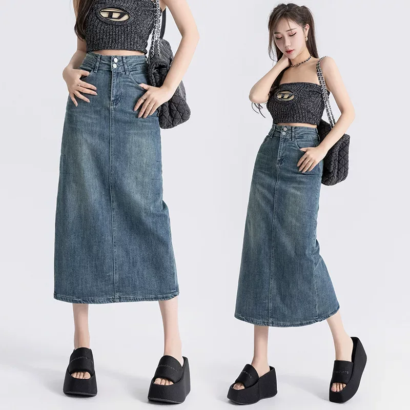 High Waist Split Denim Skirt for Women A Line Silhouette Mid Length Casual Spring and Autumn Wear