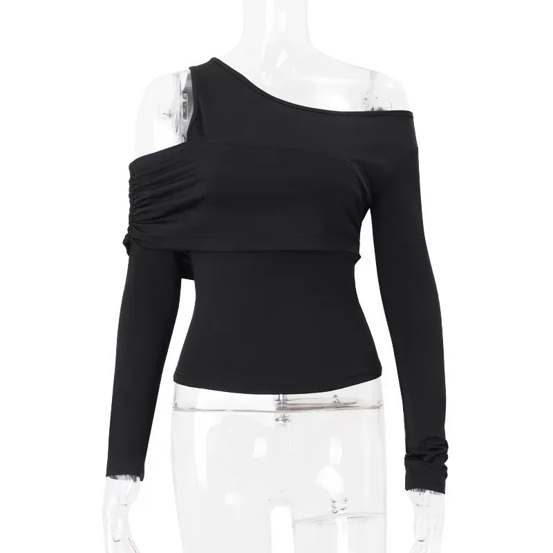 Slim Fit Long Sleeve Knit Top Solid Color Asymmetrical Neckline Versatile Style Spring Womens Fashion Wholesale