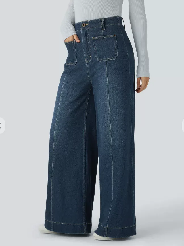 High Waisted Pocketed Patchwork Button Zipper Wide Leg Jeans Womens Fashion Fall Winter Collection Wholesale Available