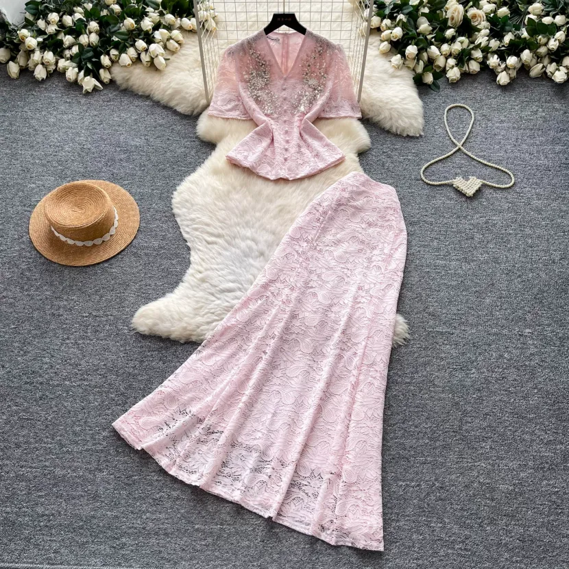 Lace Two Piece Set for Women V Neck Design Summer Fashion Available in Red and Apricot Wholesale Options