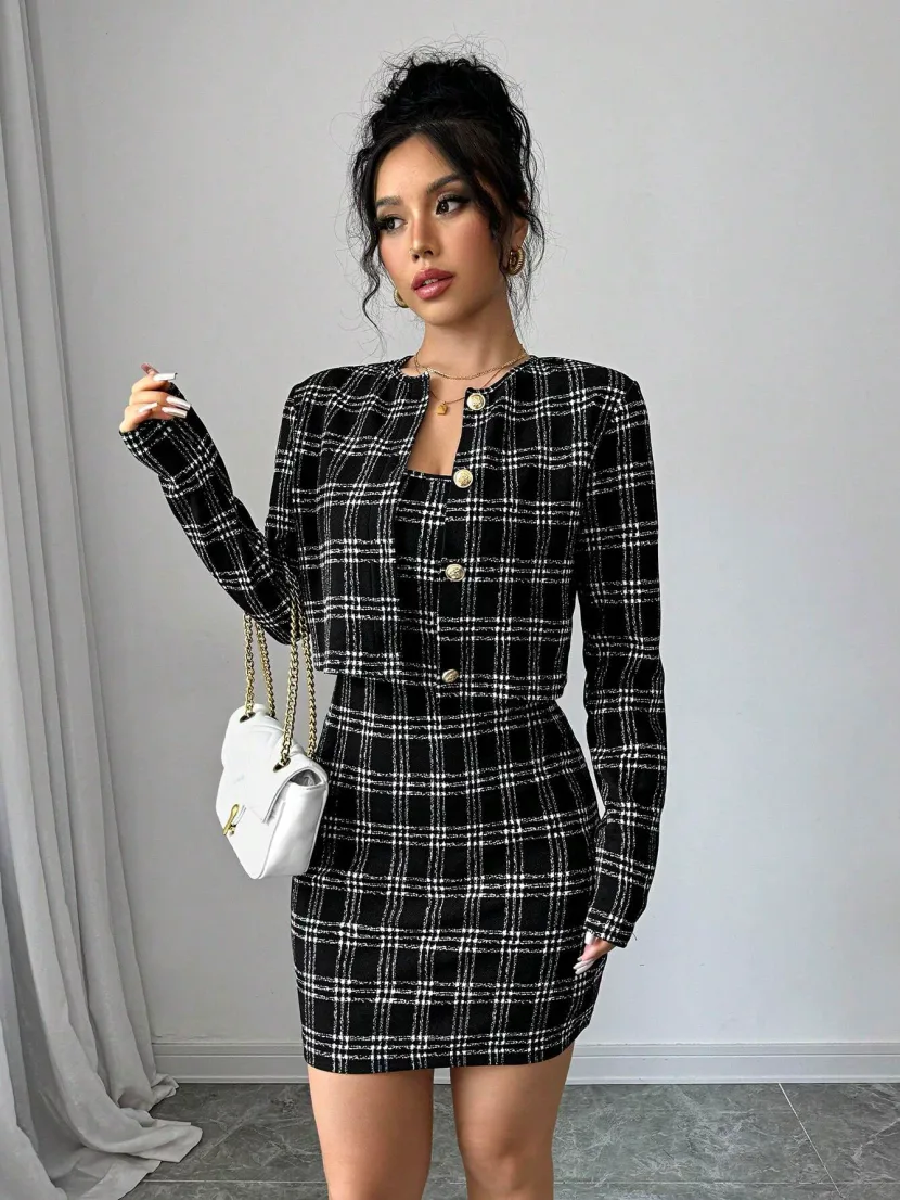 Black and White Plaid Two Piece Set Slim Fit Waist Design Chic Casual Style